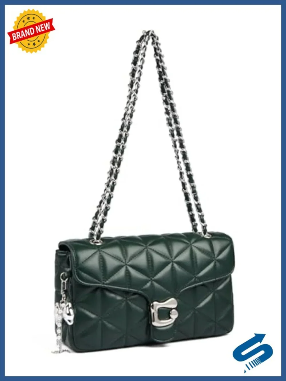 Quilted Vegan Leather Crossbody Bag with Chain Strap and Pendant